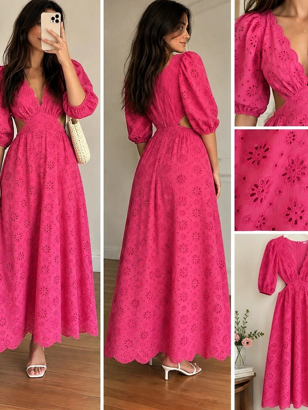 Fuchsia Pink Eyelet Maxi Dress Floral Embroidered Puff Sleeve
